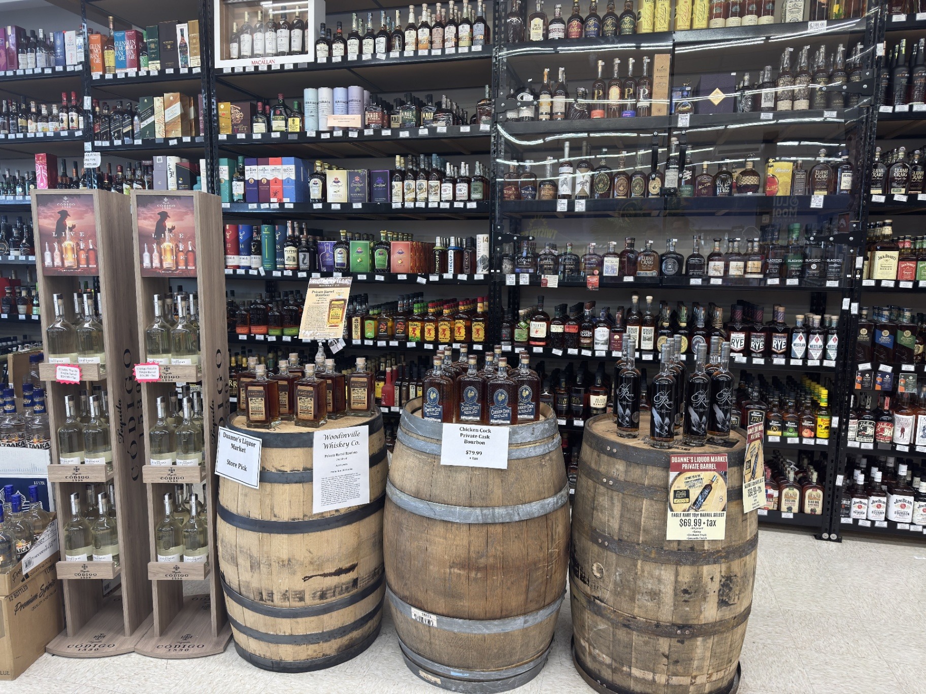 Premium whiskey and bourbon wall with private barrel selections